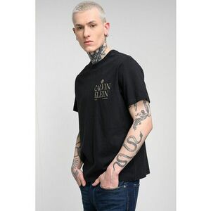 Tricou de bumbac cu decolteu la baza gatului si logo - Auriu/Negru imagine