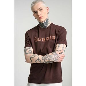 Tricou de bumbac cu decolteu la baza gatului si logo - Maro inchis imagine