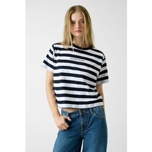 Tricou cu decolteu la baza gatului si model in dungi - Alb/Bleumarin imagine