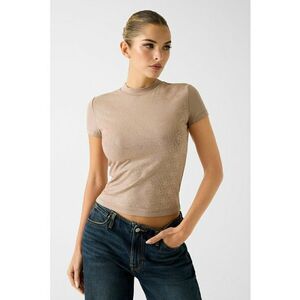 Tricou crop cu model monograma cu strasuri - Maro deschis imagine