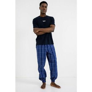 Pijama de bumbac cu imprimeu logo si carouri - Bleumarin imagine