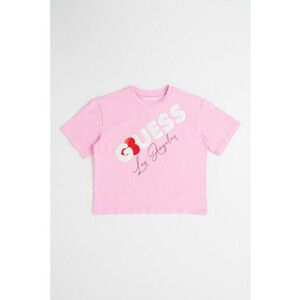 Tricou cu imprimeu logo si decolteu la baza gatului - Alb/Roz imagine