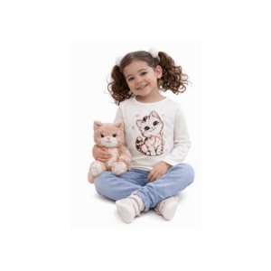 Tricou maxi pentru fetite iDO din bumbac cu imprimeu pisicuta si aplicatii stralucitoare Alb nature imagine