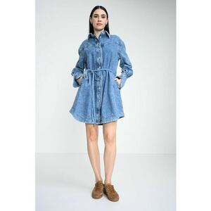 Rochie-camasa din denim cu cordon in talie si buzunare laterale - Albastru melange imagine