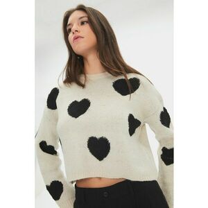 Pulover crop cu decolteu la baza gatului si model cu inimi - Negru/Alb murdar imagine
