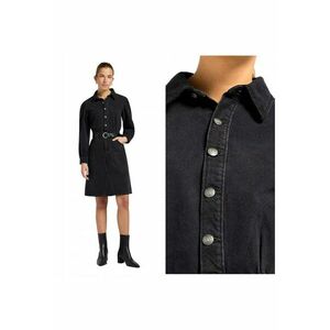 Rochie Dama - Long Sleeve Dress - Regular Fit - Denim Aspect - Cu Guler - Lungime Mini - Cu Nasturi - Bumbac - Negru - Negru imagine