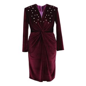 Rochie pe corp din catifea cu perle JADE - Visiniu imagine