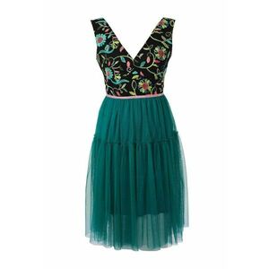 Rochie evazata cu decolteu in V fara maneci - Negru/Verde persan imagine