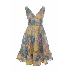 Rochie fara maneci cu decolteu in V si imprimeu - Verde/Galben/Roz prafuit imagine