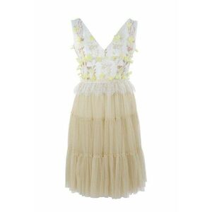 Rochie cu decolteu in V si broderie florala - Alb/Galben pal/Maro camel imagine