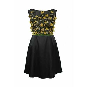 Rochie evazata cu decoratiuni florale Crina - Negru/Galben/Kaki imagine