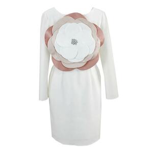 Rochie cu aplicatie florala frontala - Alb/Bej imagine