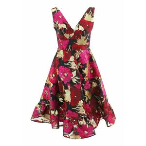 Rochie evazata cu decolteu in V si model floral - Rosu/Fucsia imagine