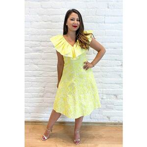 Rochie midi cu decolteu in V - Alb/Galben imagine