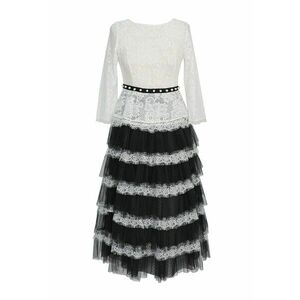 Rochie midi stratificata cu insertii de dantela Marie - Alb/Negru imagine