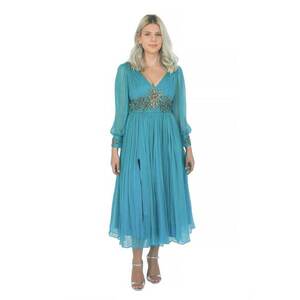 Rochie din amestec de matase cu decoratiuni si slituri laterale Jacqueline - Turcoaz/Argintiu imagine