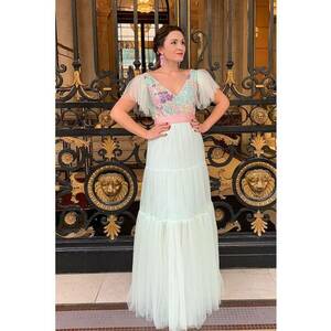 Rochie maxi cu decolteu in V si broderie in partea de sus Medeea - Violet/Verde pal/Roz pal imagine
