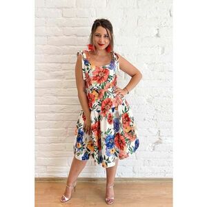 Rochie midi evazata cu imprimeu floral - Verde/Portocaliu stins/Alb murdar imagine