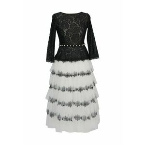 Rochie midi stratificata cu insertii de dantela Marie - Alb/Negru imagine
