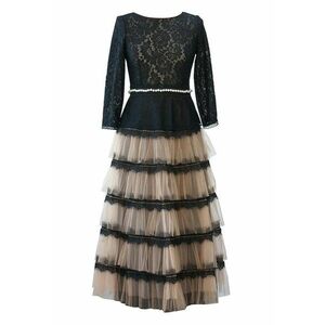 Rochie midi stratificata cu insertii de dantela Marie - Negru/Bej imagine