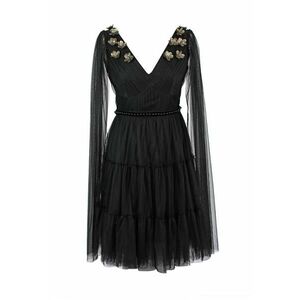 Rochie evazata cu decolteu in V si aplicatii florale - Negru/Grej imagine