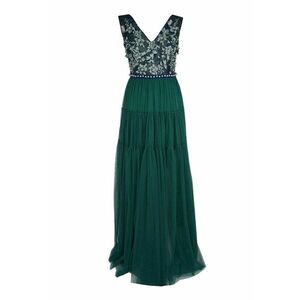 Rochie maxi stratificata cu motive florale brodate - Verde inchis imagine