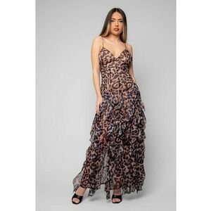 Rochie lunga cu bretele si volane Animal Print Cream/Black 20356 - Negru/Crem imagine