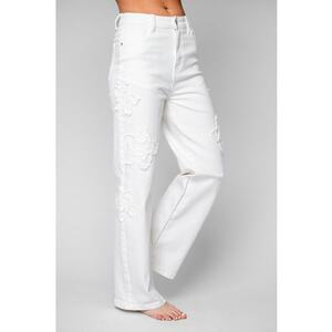 Blugi elastici cu broderie florala White 20364 - Alb optic imagine