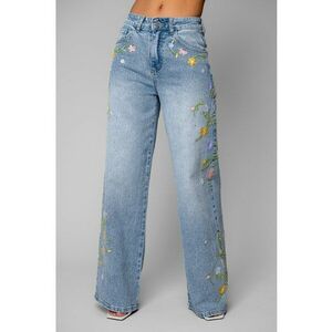 Blugi lungi elastici cu strasuri si broderie florala colorata Light Blue 20329 - Albastru deschis imagine