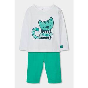 Set de bluza de bumbac cu imprimeu si pantaloni - Verde/Alb optic imagine