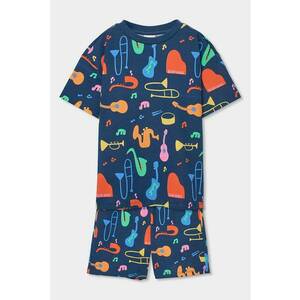 Pijama scurta cu model grafic - Portocaliu mandarina/Albastru/Bleumarin imagine