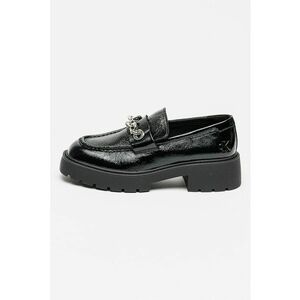 Pantofi loafer de piele cu toc si detaliu lant - Negru/Argintiu imagine