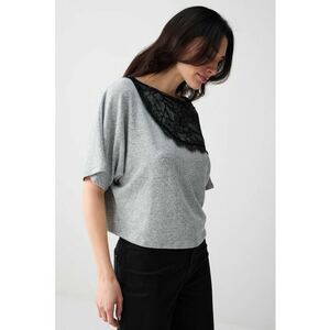 Bluza cu insertie din dantela - Negru/Gri deschis melange imagine