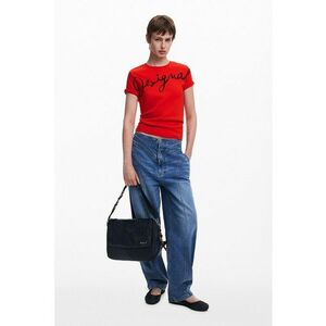 Tricou din amestec de bumbac cu decolteu la baza gatului si imprimeu logo - Rosu imagine