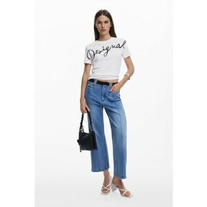 Tricou din amestec de bumbac cu decolteu la baza gatului si imprimeu logo - Alb imagine