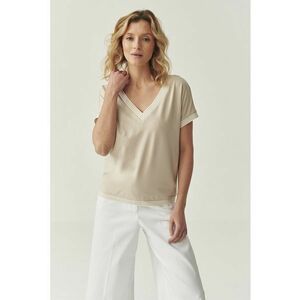 Tricou cu decolteu in V si accente cu dungi - Bej imagine