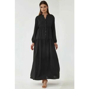 Rochie maxi - texturata - decolteu in V - negru - textil imagine