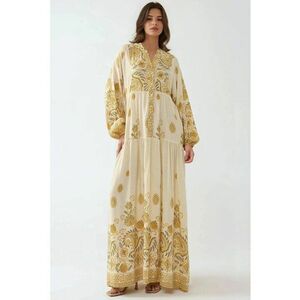 Rochie maxi - decolteu in V - galben - material textil imagine