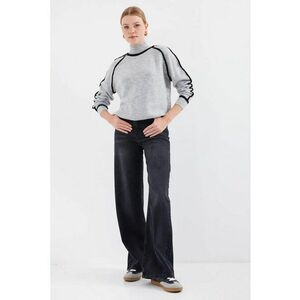 Pulover dama - guler inalt - dungi supradimensionate - tricot - Gri deschis - imagine