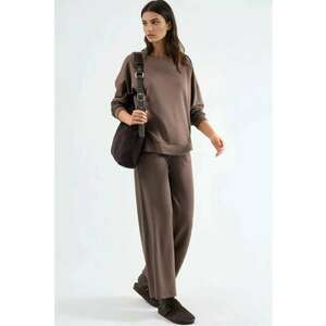 Set din doua piese - hanorac cu guler rotund si pantaloni largi - maro cafeniu - tricot moale - imagine