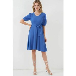 Rochie midi tricotata HiCCUP - texturata - decolteu in V - funda - albastru - jerseu imagine