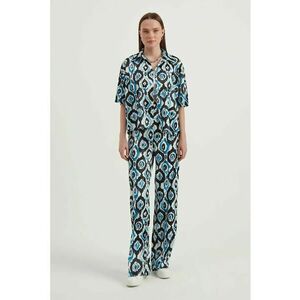 Pantaloni dama - boho - talie inalta - geometrici - albastru - satin imagine