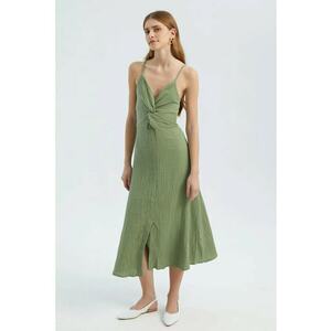 Rochie midi - fara maneci - decolteu in V - crapatura laterala - verde - textil imagine