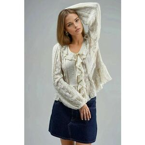 Camasa dama - cu volane din dantela - decolteu in V - bumbac/nylon/elastan - bej imagine