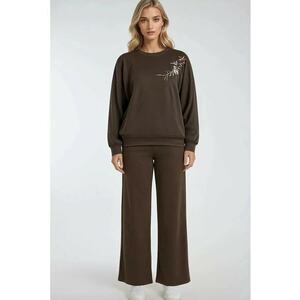 Compleu dama - set doua piese - bluza cu guler rotund brodata si pantaloni cu picior larg - maro mocha - imagine