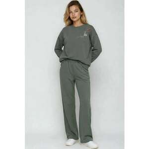 Compleu dama - set doua piese - bluza cu guler rotund brodat si pantaloni cu picioare largi - verde khaki - imagine