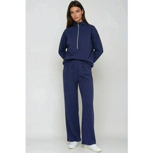 Costum dama - set cu pantaloni largi - guler cu fermoar - albastru marin - imagine