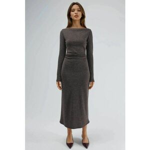 Rochie maxi - guler barcuta - maneci lungi - maro moca inchis - jerseu imagine