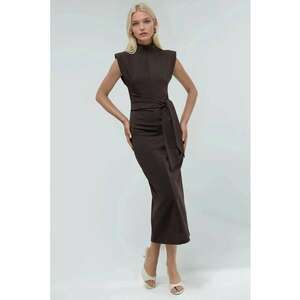 Rochie midi guler rotund - detalii cravata - maro - textil - imagine