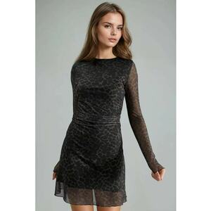 Rochie midi - imprimeu leopard - guler barcuta - culoare maro - material tul imagine
